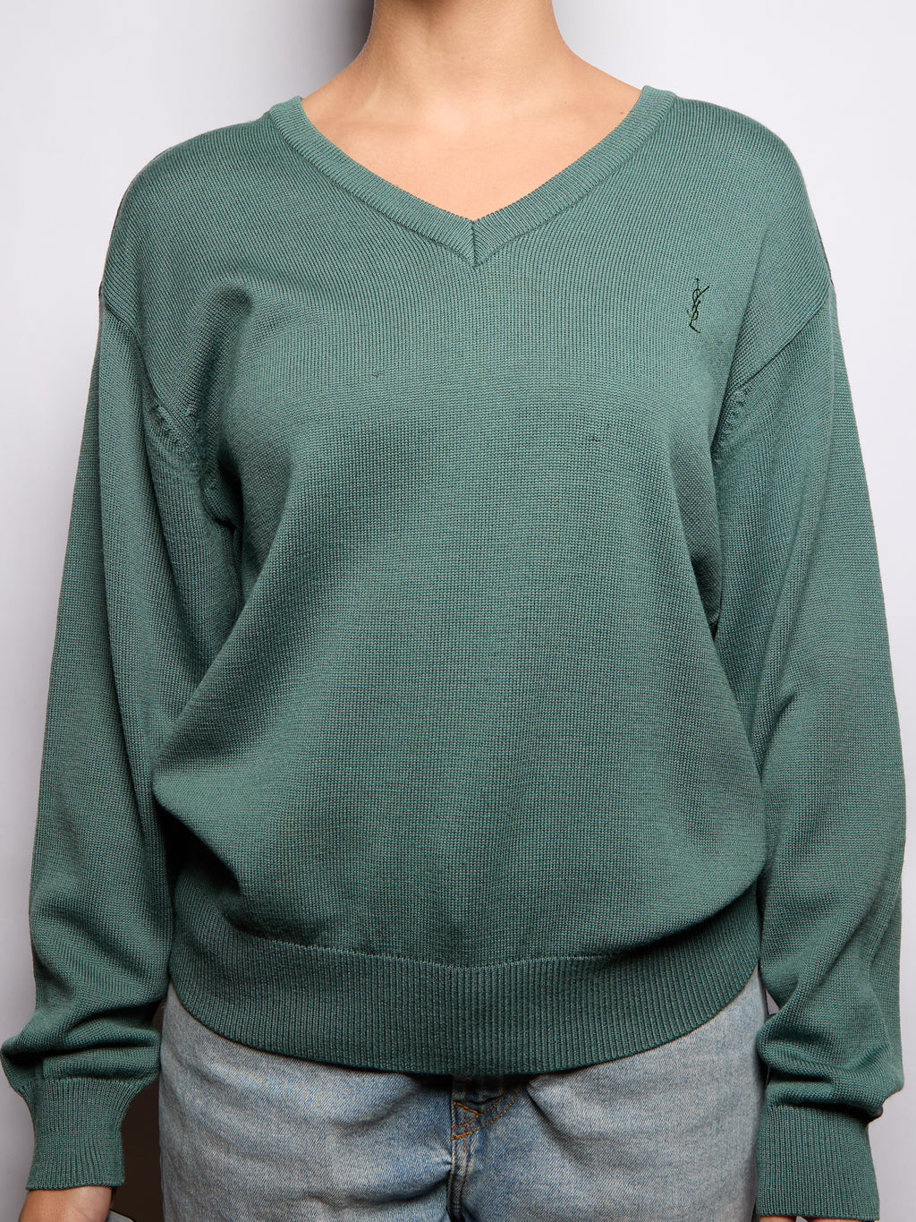YSL Dark Green Wool V-Neck Sweater