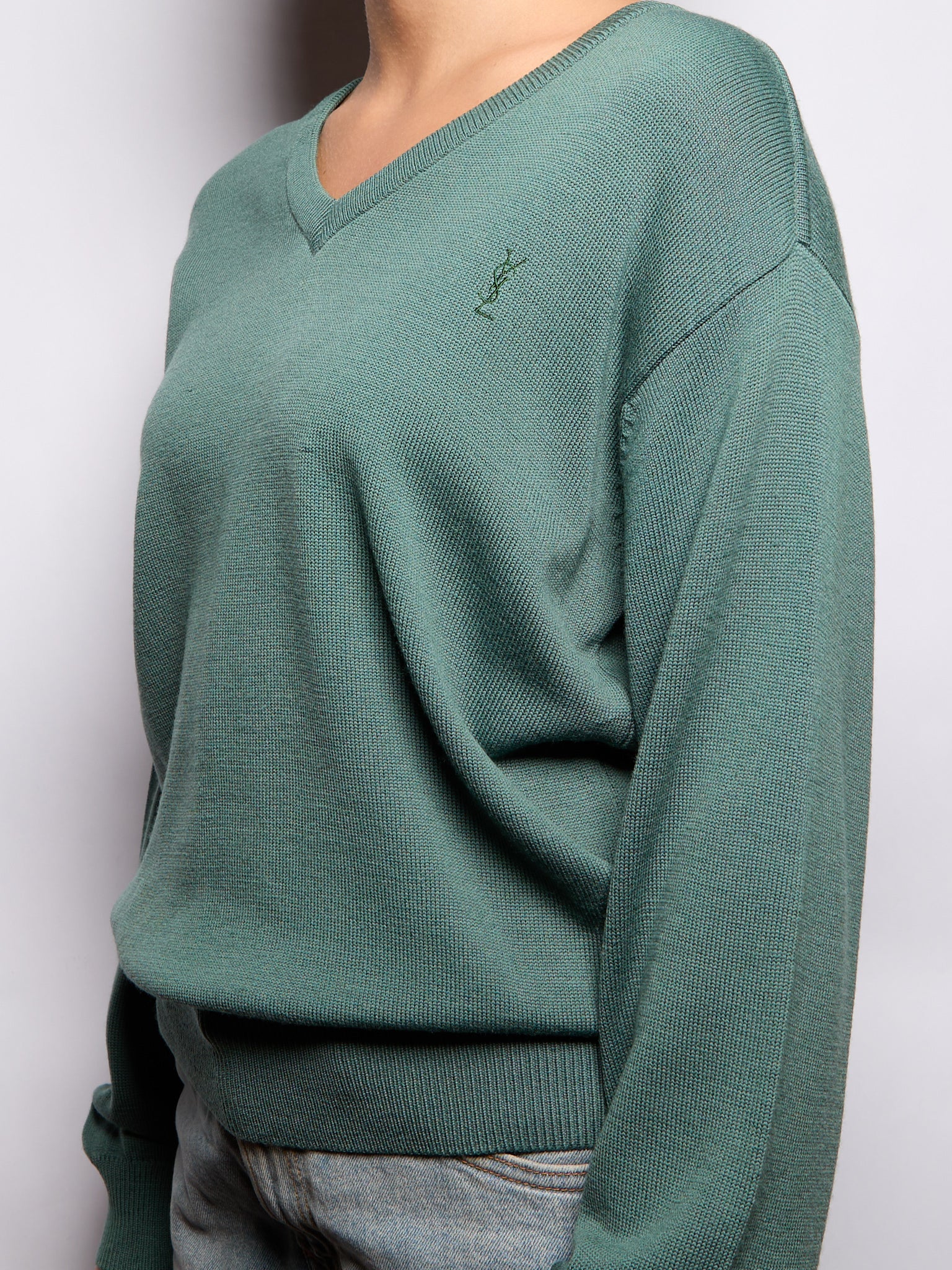 YSL Dark Green Wool V-Neck Sweater