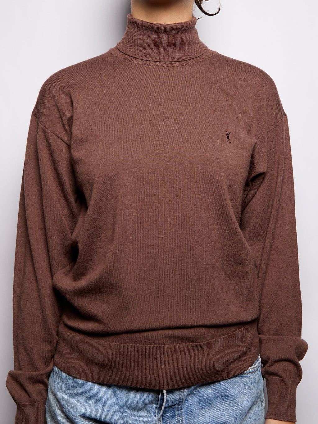Yves Saint Laurent Embroidered Logo Brown Knit Sweater