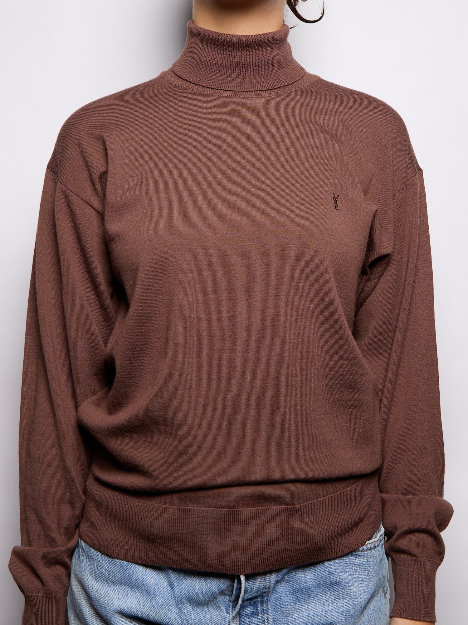 Yves Saint Laurent Embroidered Logo Brown Knit Sweater