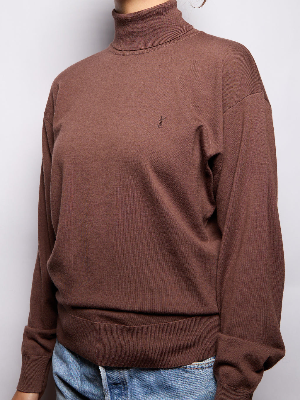 Yves Saint Laurent Embroidered Logo Brown Knit Sweater