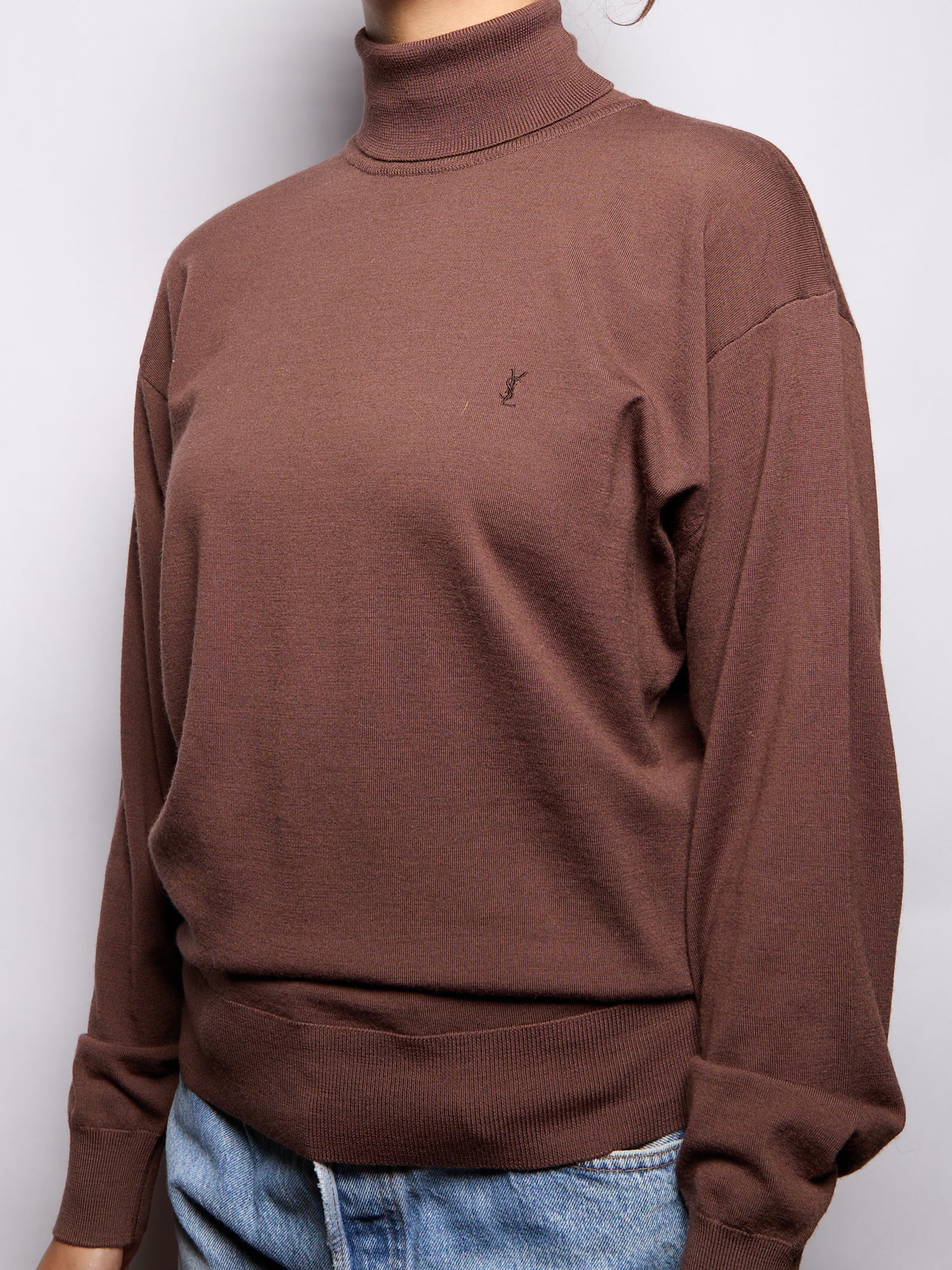 Yves Saint Laurent Embroidered Logo Brown Knit Sweater