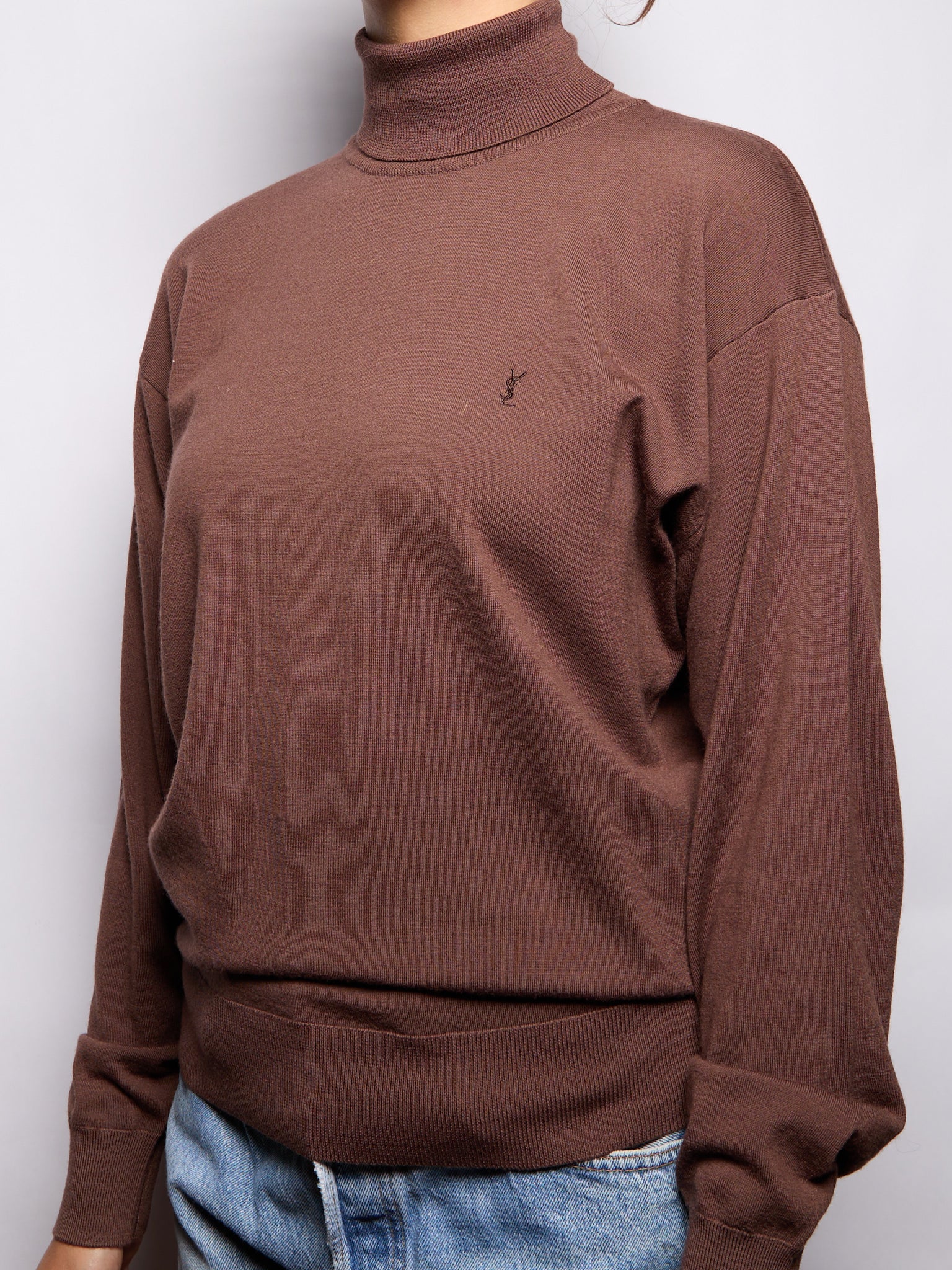 Yves Saint Laurent Embroidered Logo Brown Knit Sweater