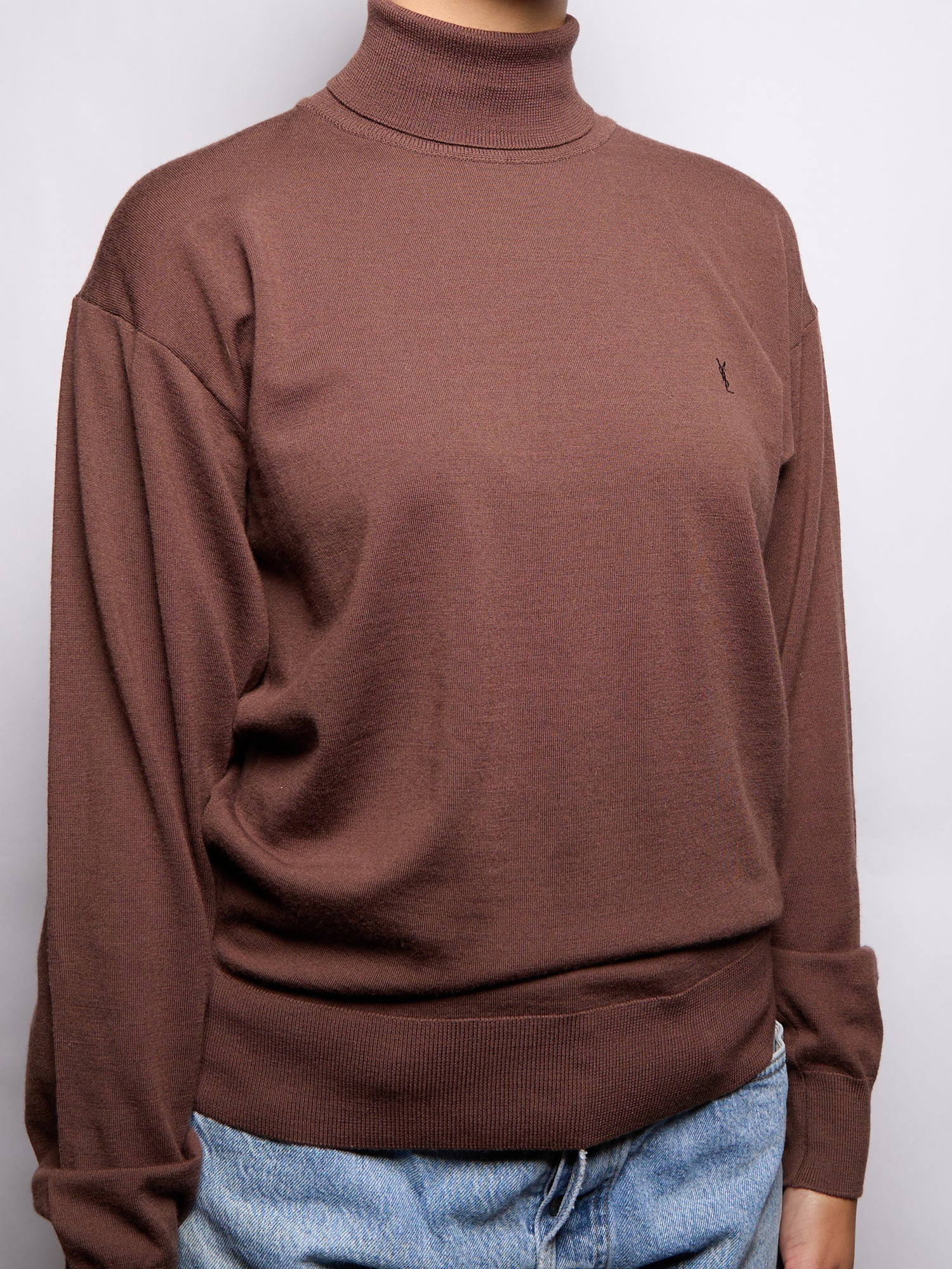Yves Saint Laurent Embroidered Logo Brown Knit Sweater