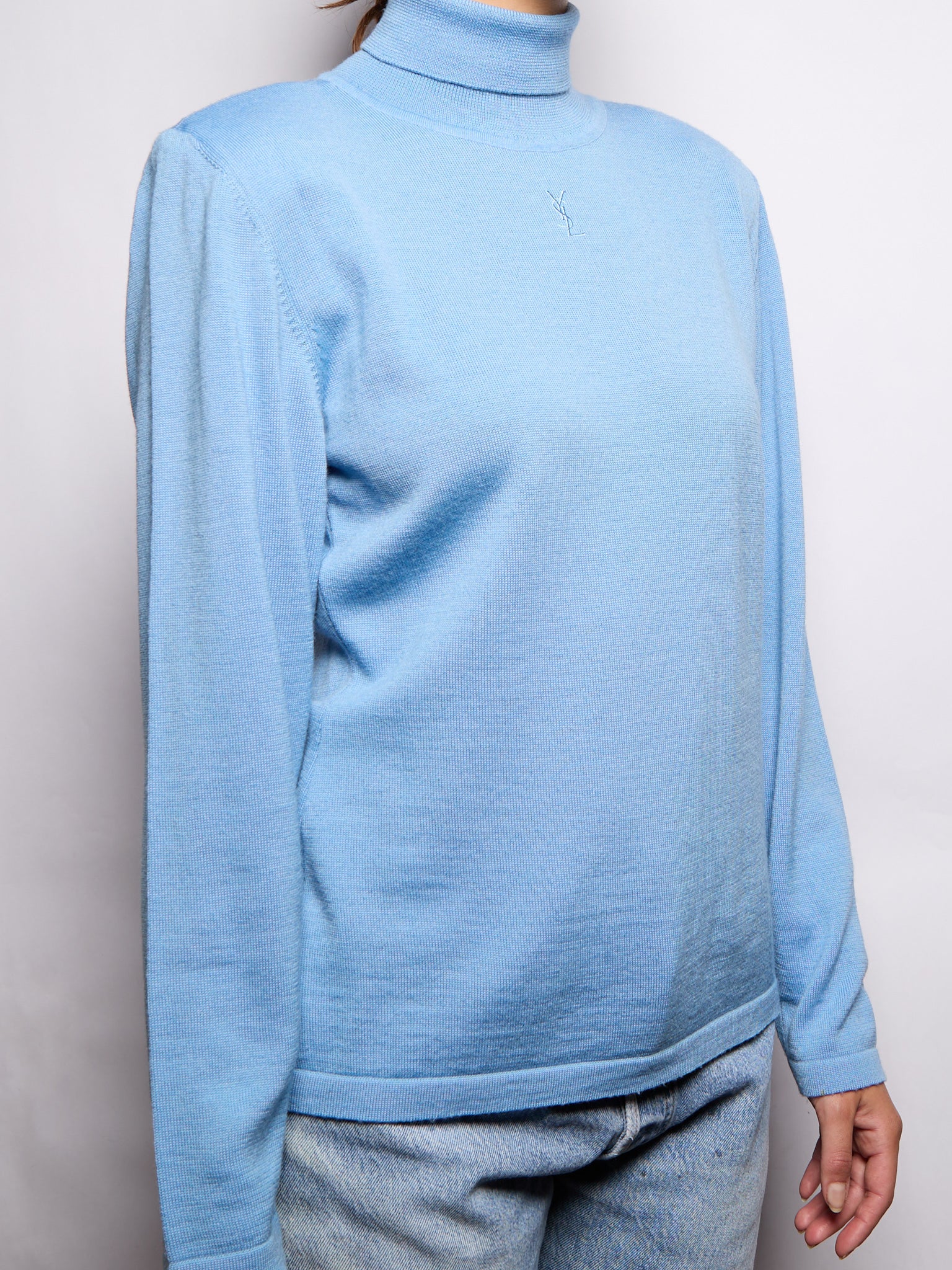 YSL Yves Saint Laurent Blue Knit Logo Top