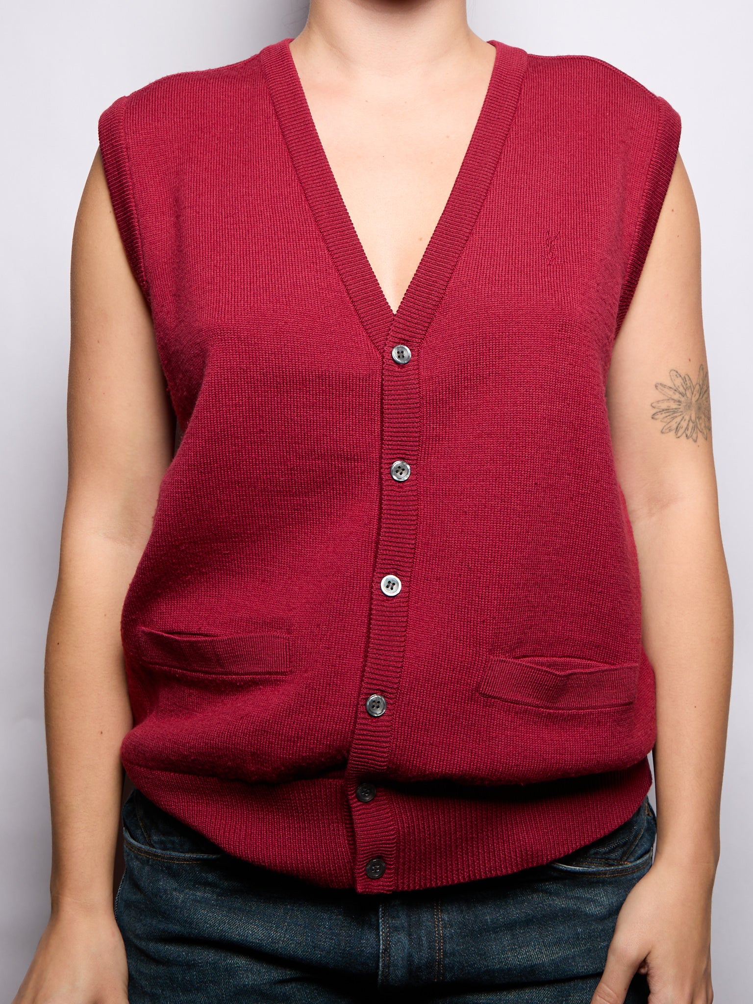 90s Yves Saint Laurent Red Wool Logo Embroidery Knit Vest
