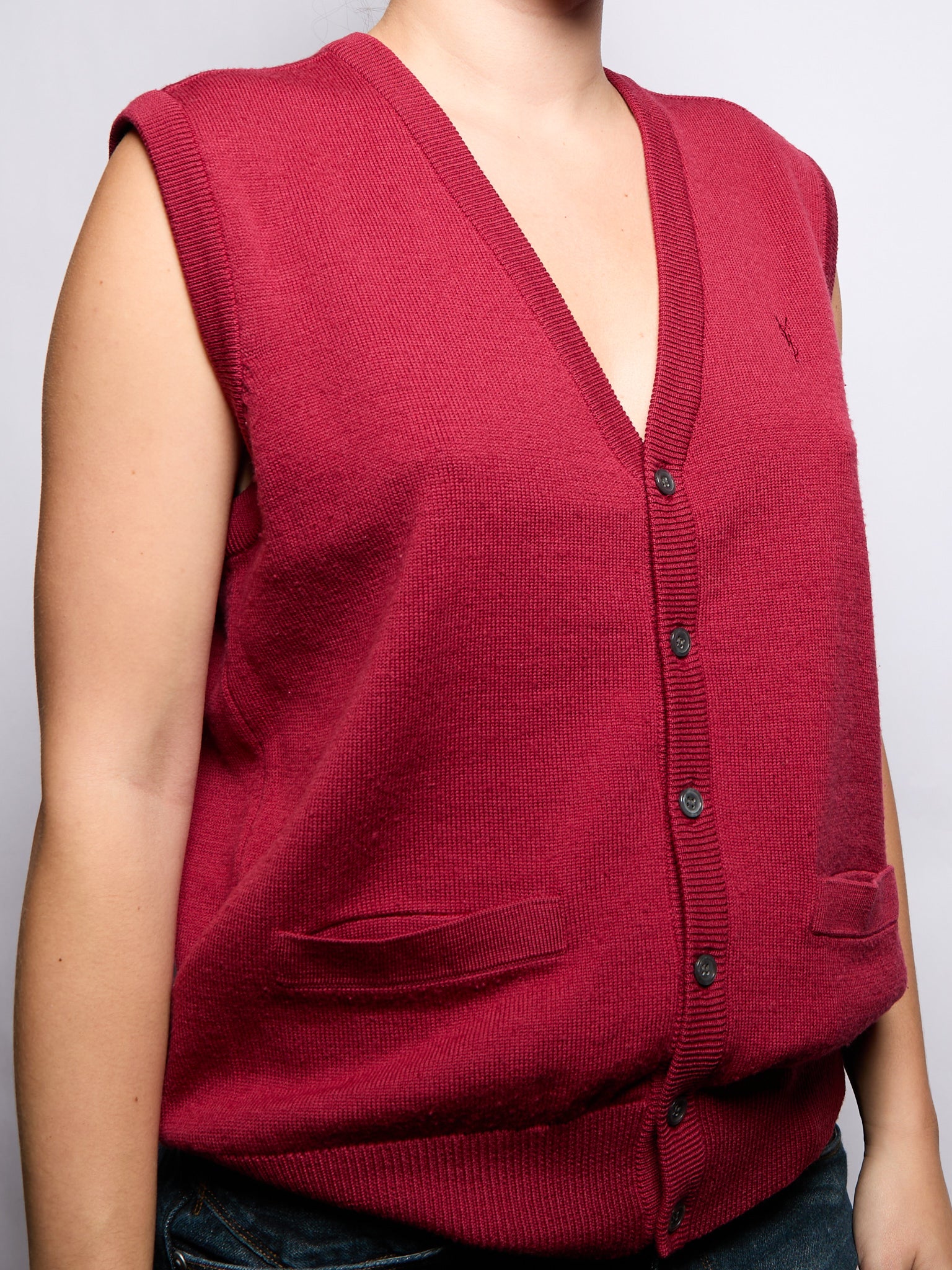 90s Yves Saint Laurent Red Wool Logo Embroidery Knit Vest