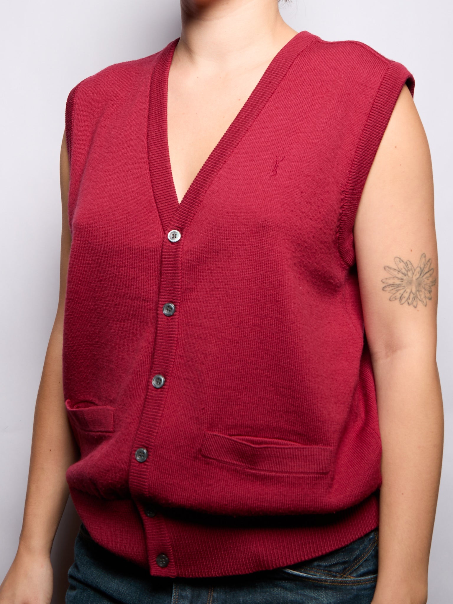 90s Yves Saint Laurent Red Wool Logo Embroidery Knit Vest
