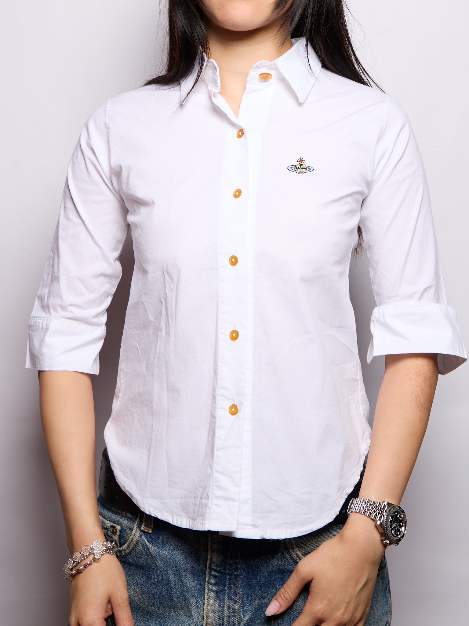 Vivienne Westwood White Button Down Cropped Sleeve Top