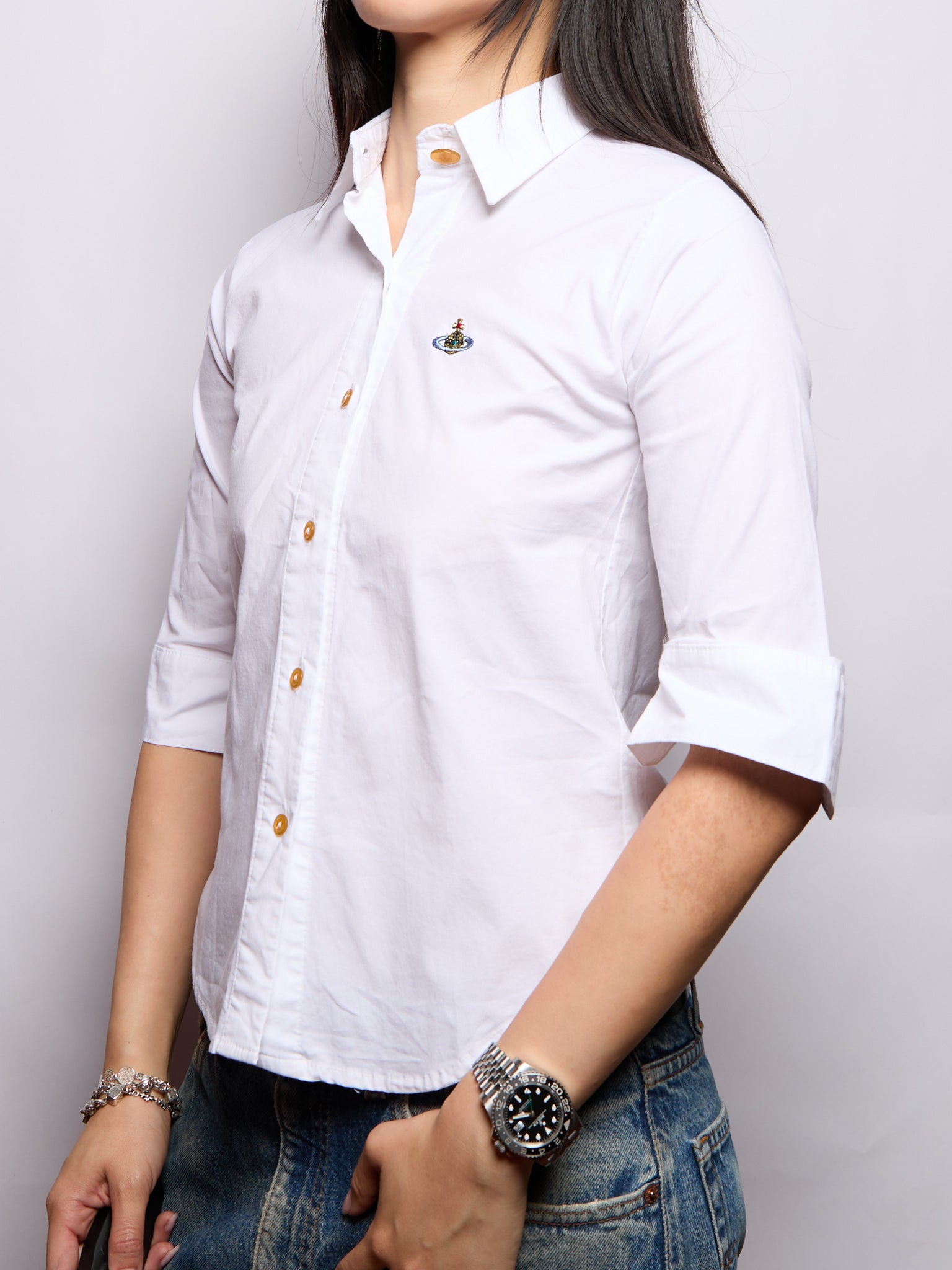 Vivienne Westwood White Button Down Cropped Sleeve Top