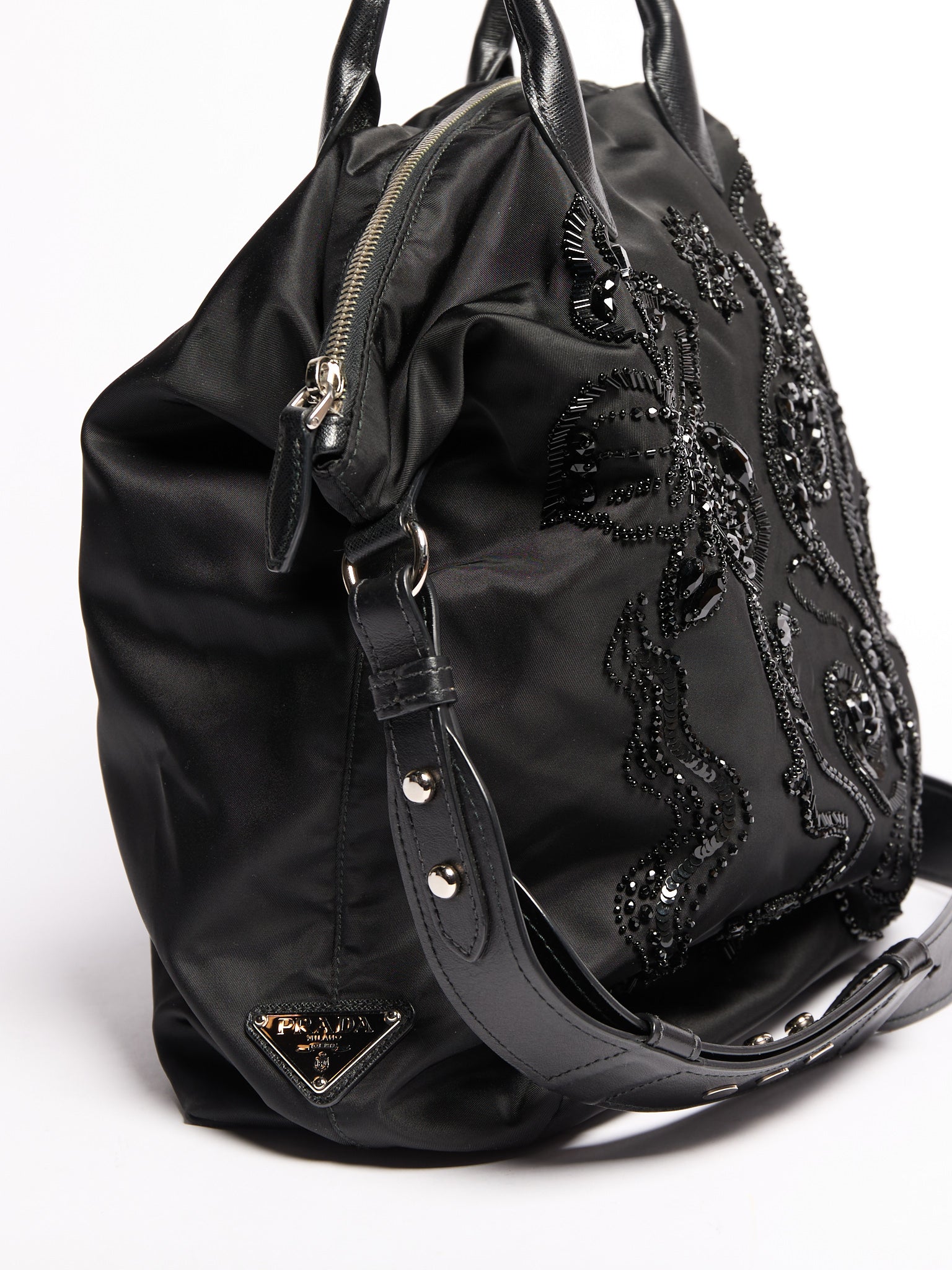 Prada Black Nylon Beaded Two Way Crossbody