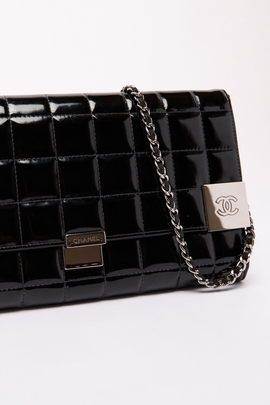 Chanel Black Patent CC Choco Bar Chain Shoulder Bag