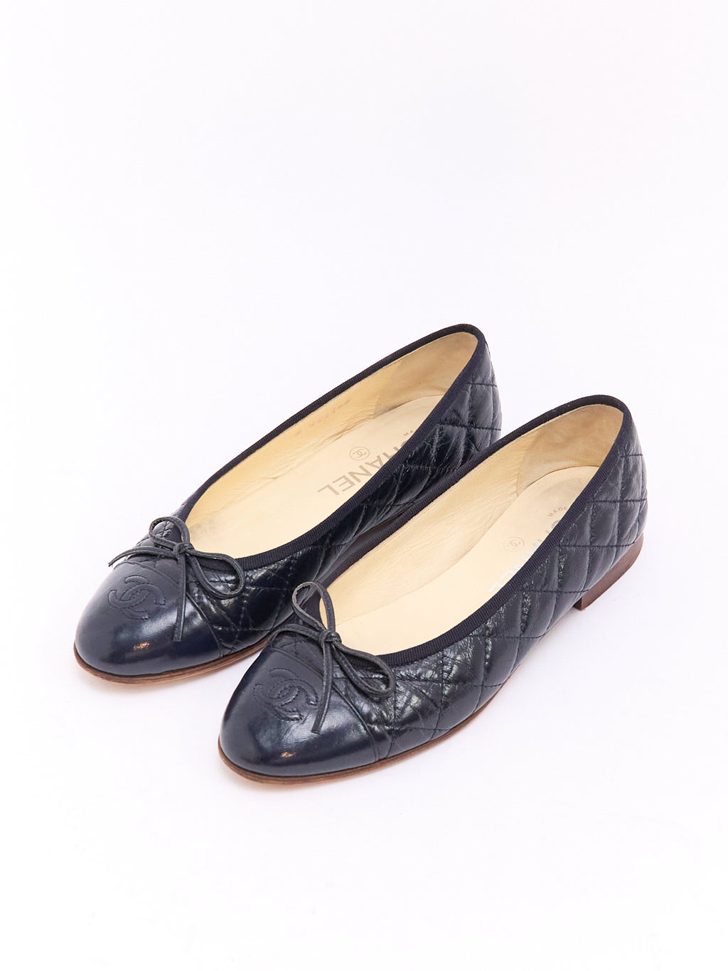 Chanel Navy Patent Quilted CC Cap Toe Ballet Flat 36.5