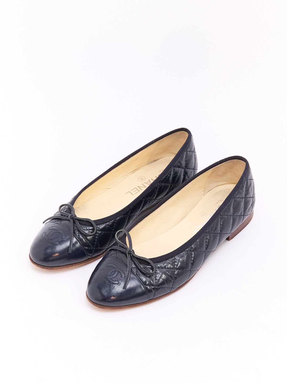 Chanel Navy Patent Quilted CC Cap Toe Ballet Flat 36.5