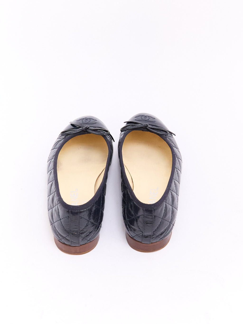 Chanel Navy Patent Quilted CC Cap Toe Ballet Flat 36.5