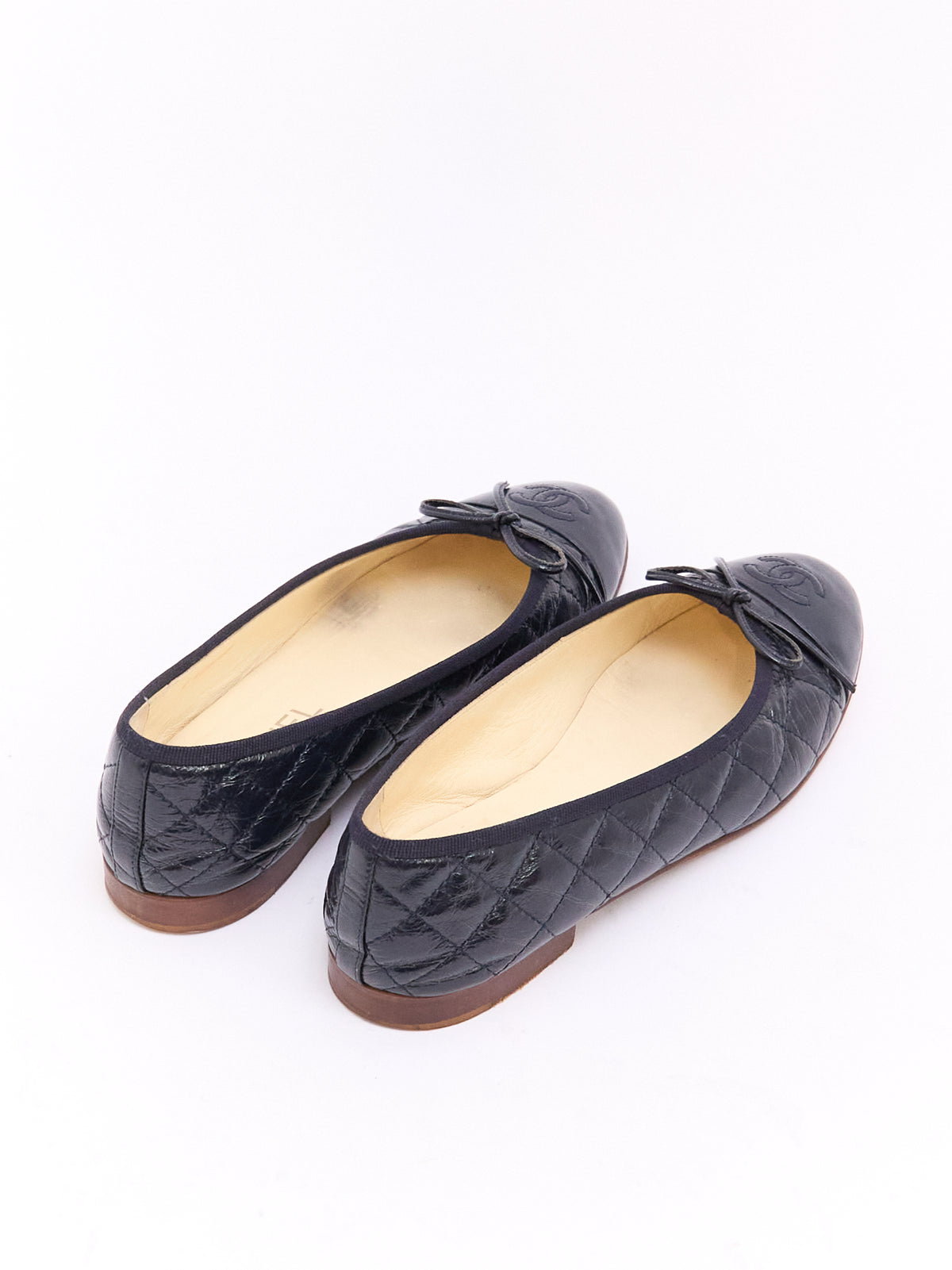 Chanel Navy Patent Quilted CC Cap Toe Ballet Flat 36.5