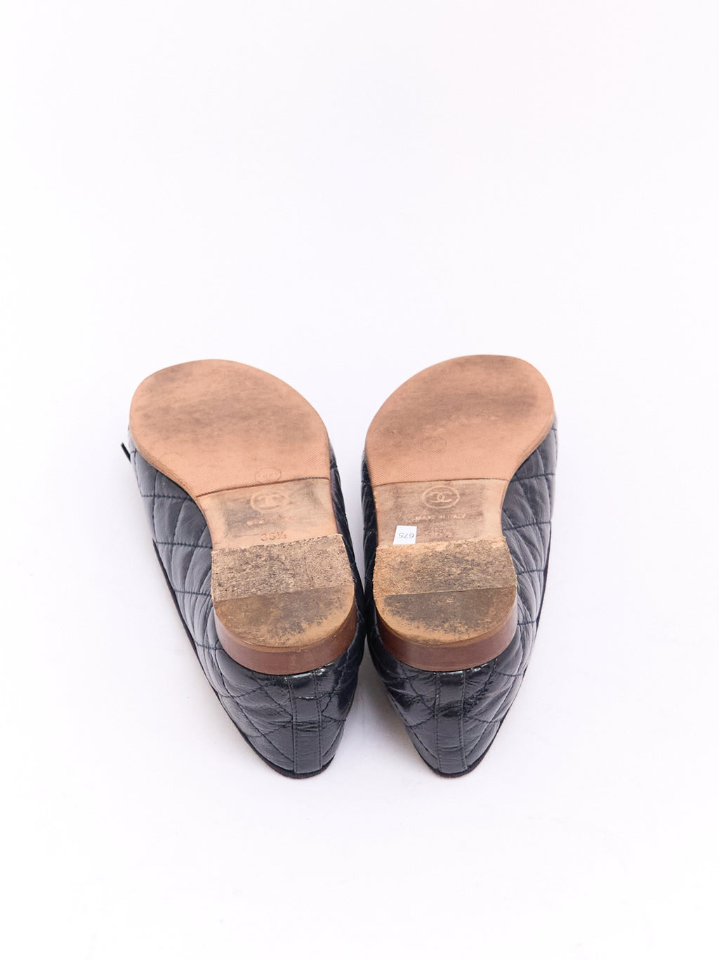 Chanel Navy Patent Quilted CC Cap Toe Ballet Flat 36.5
