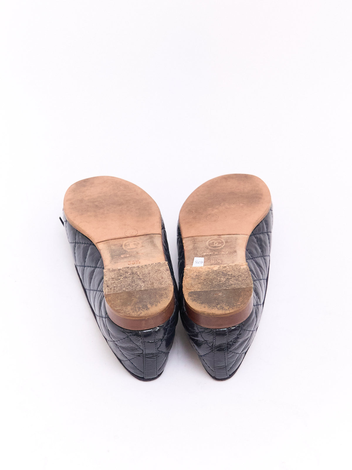 Chanel Navy Patent Quilted CC Cap Toe Ballet Flat 36.5