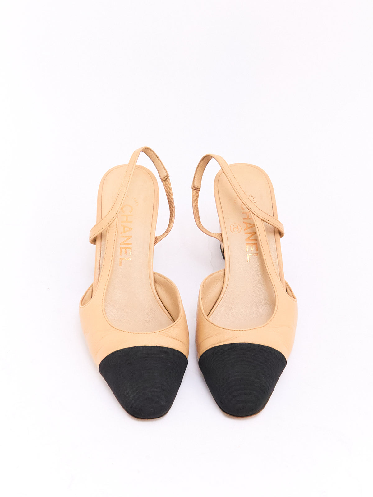 Chanel Tan Black Captoe Slingbacks 36