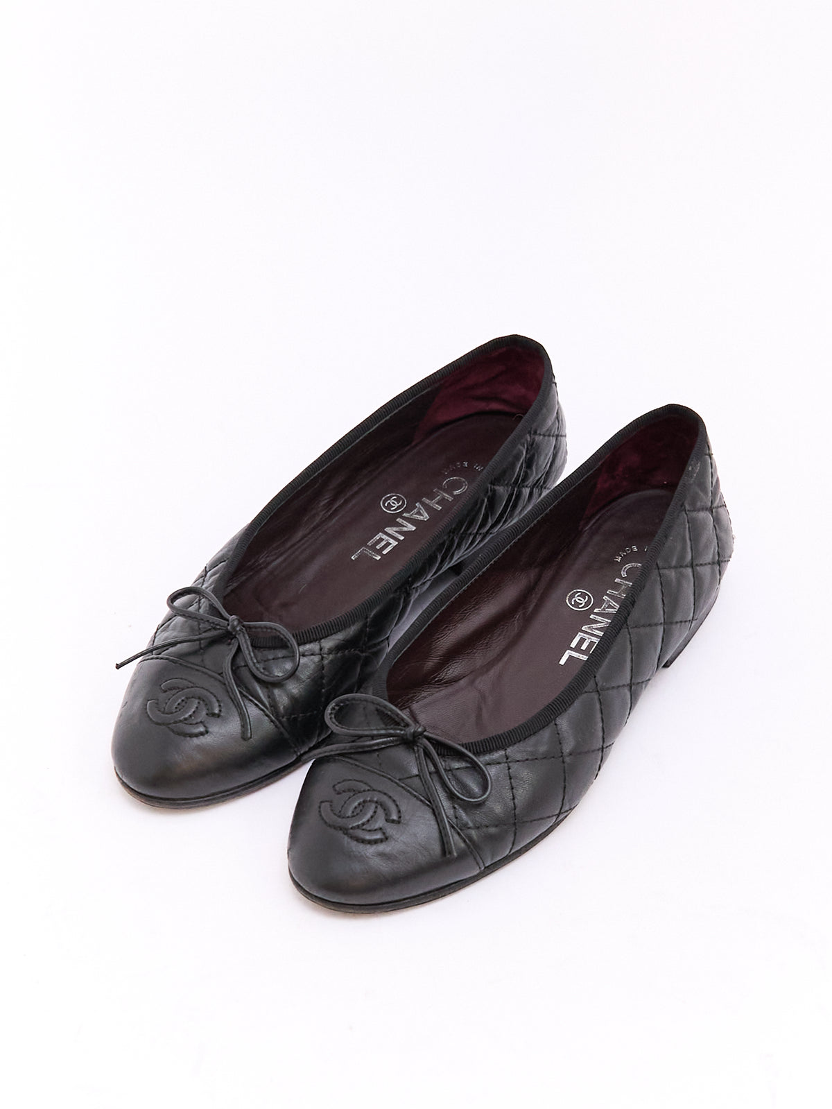 Chanel Black Lambskin Quilted CC Cap Toe Ballet Flat 35