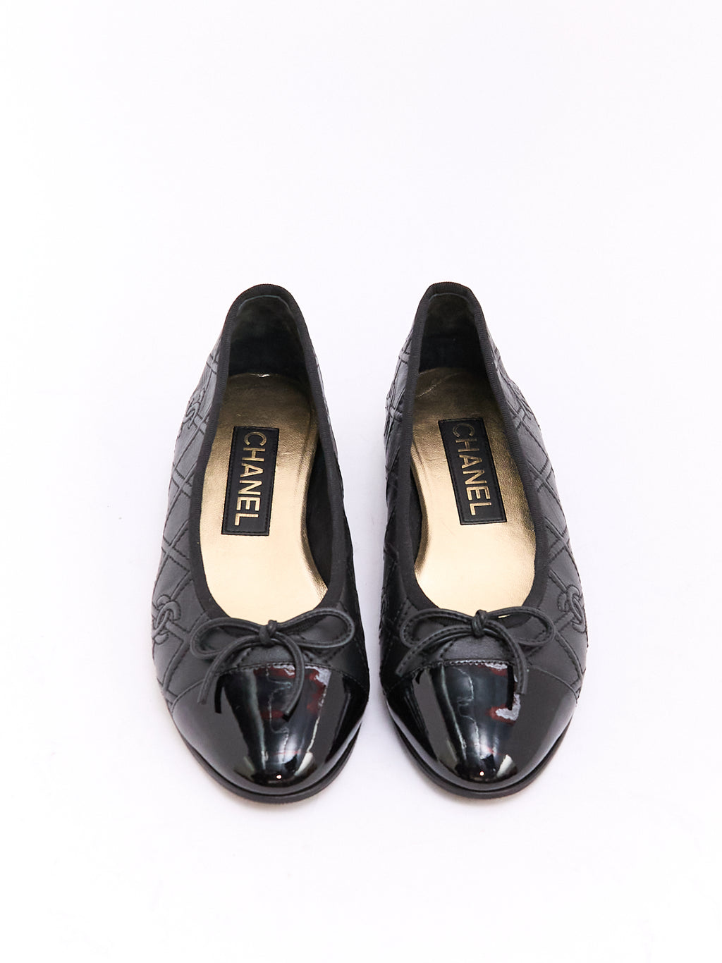 Chanel Black Patent CC Cap Toe Ballet Flat 37