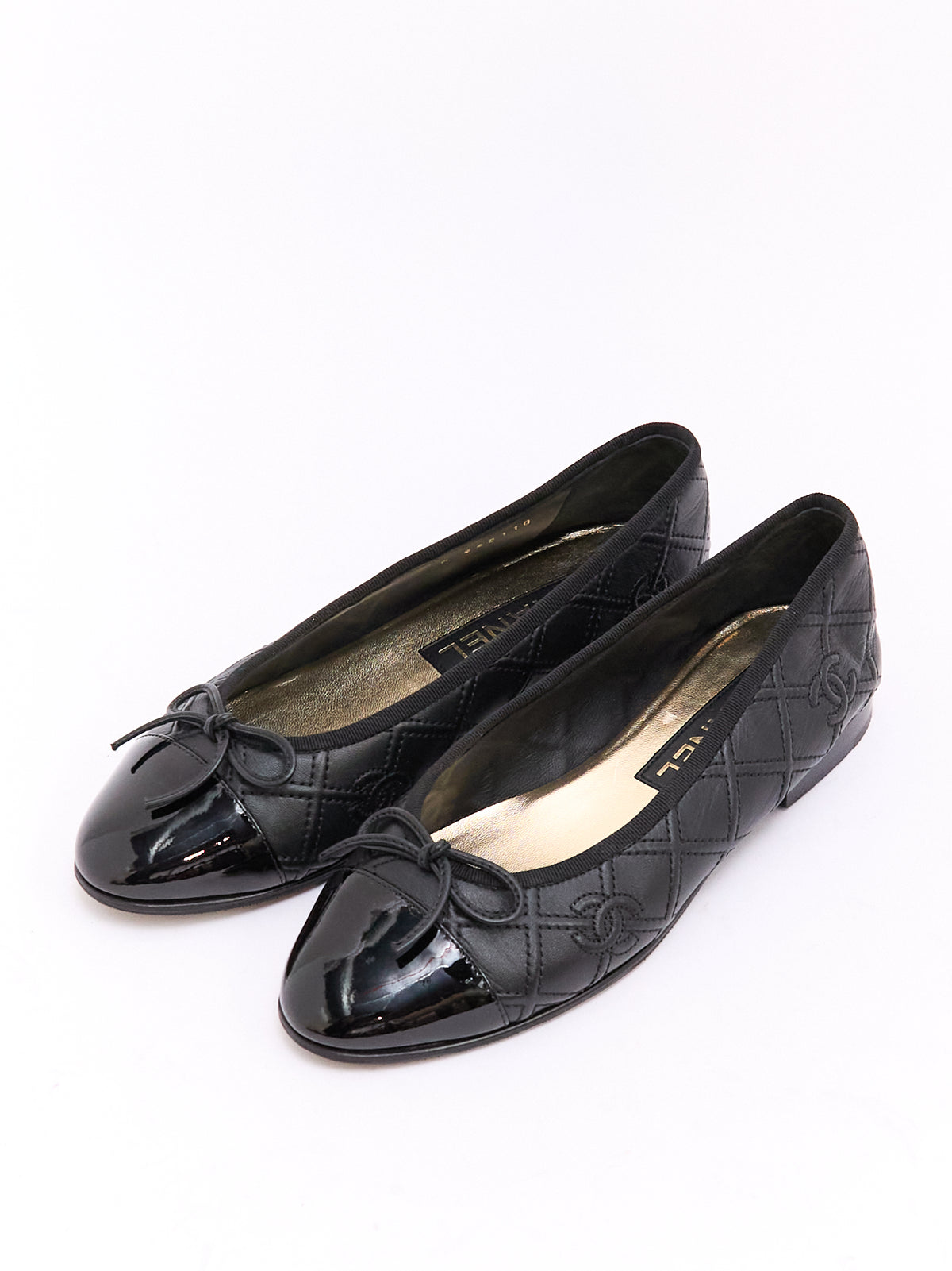 Chanel Black Patent CC Cap Toe Ballet Flat 37
