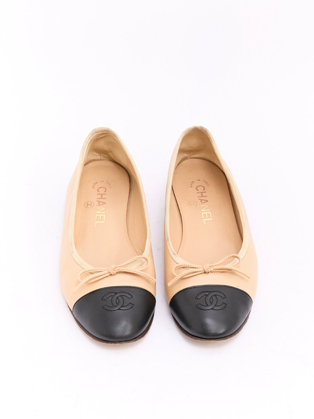 Chanel Beige Black Lambskin CC Cap Toe Ballet Flat 37.5