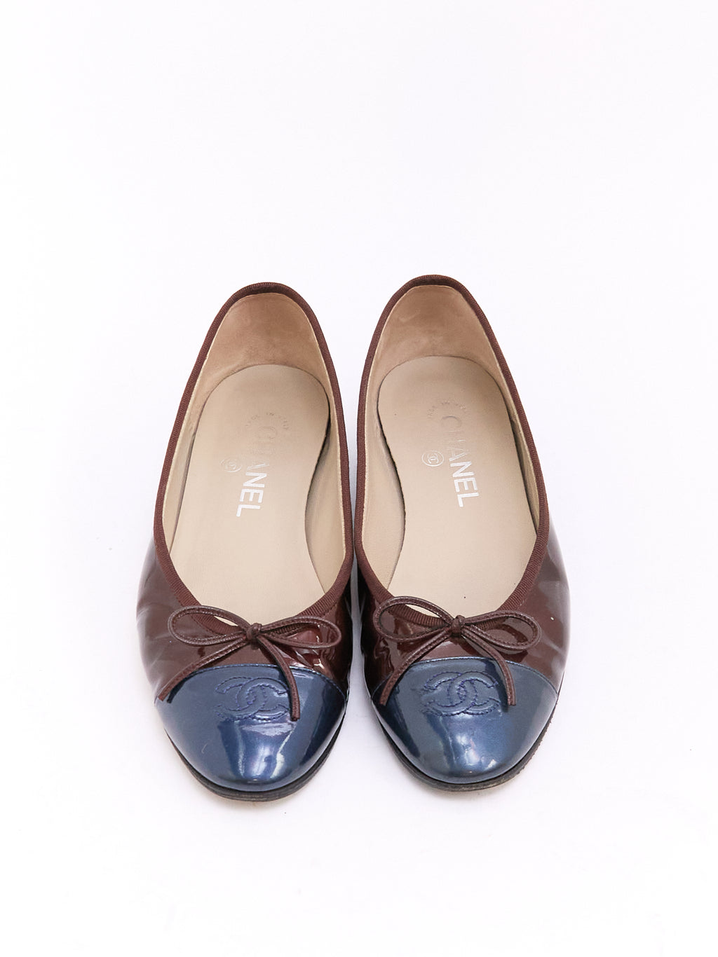 Chanel Burgundy Navy Patent CC Cap Toe Ballet Flat 38