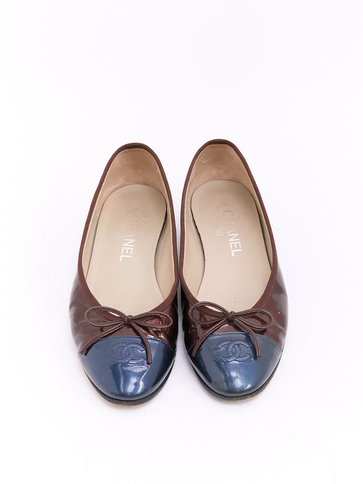 Chanel Burgundy Navy Patent CC Cap Toe Ballet Flat 38
