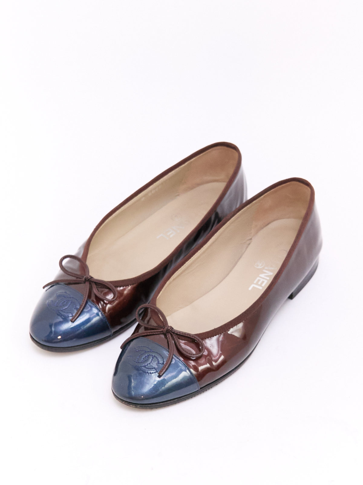 Chanel Burgundy Navy Patent CC Cap Toe Ballet Flat 38