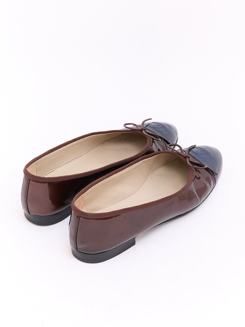 Chanel Burgundy Navy Patent CC Cap Toe Ballet Flat 38
