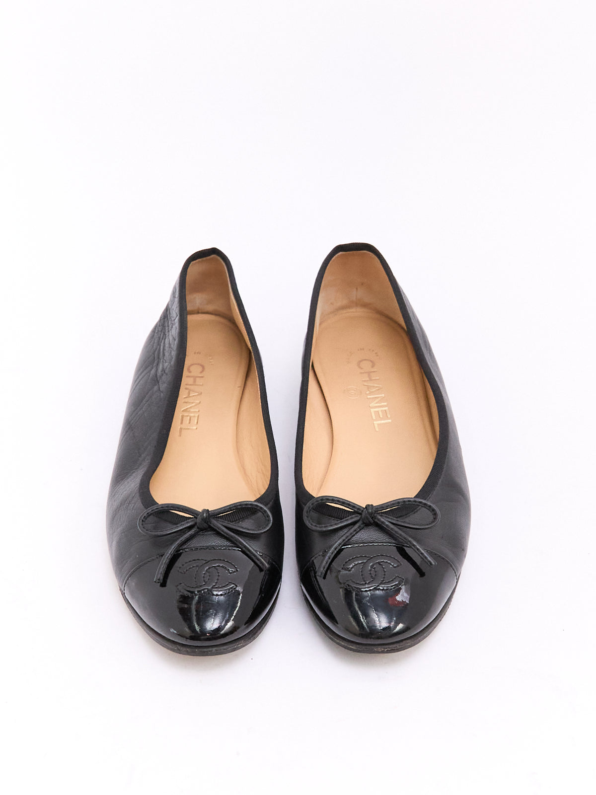 Chanel Black Patent CC Cap Toe Ballet Flat 38