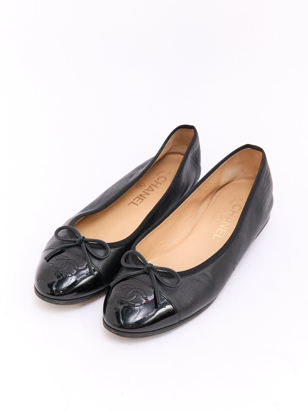 Chanel Black Patent CC Cap Toe Ballet Flat 38
