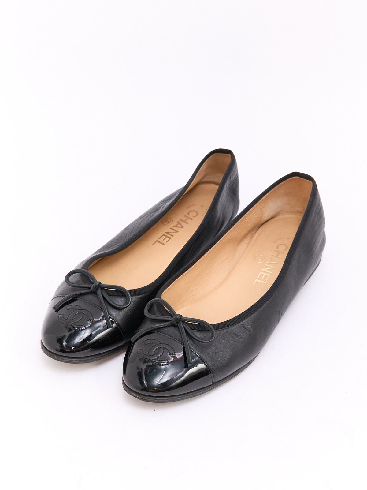 Chanel Black Patent CC Cap Toe Ballet Flat 38