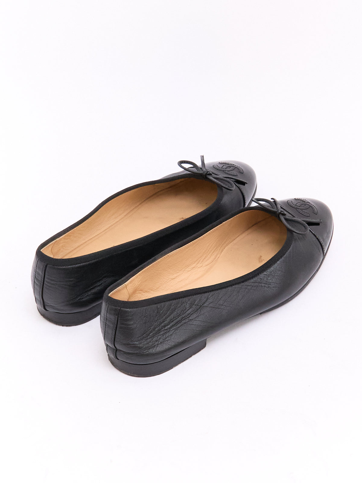Chanel Black Patent CC Cap Toe Ballet Flat 38