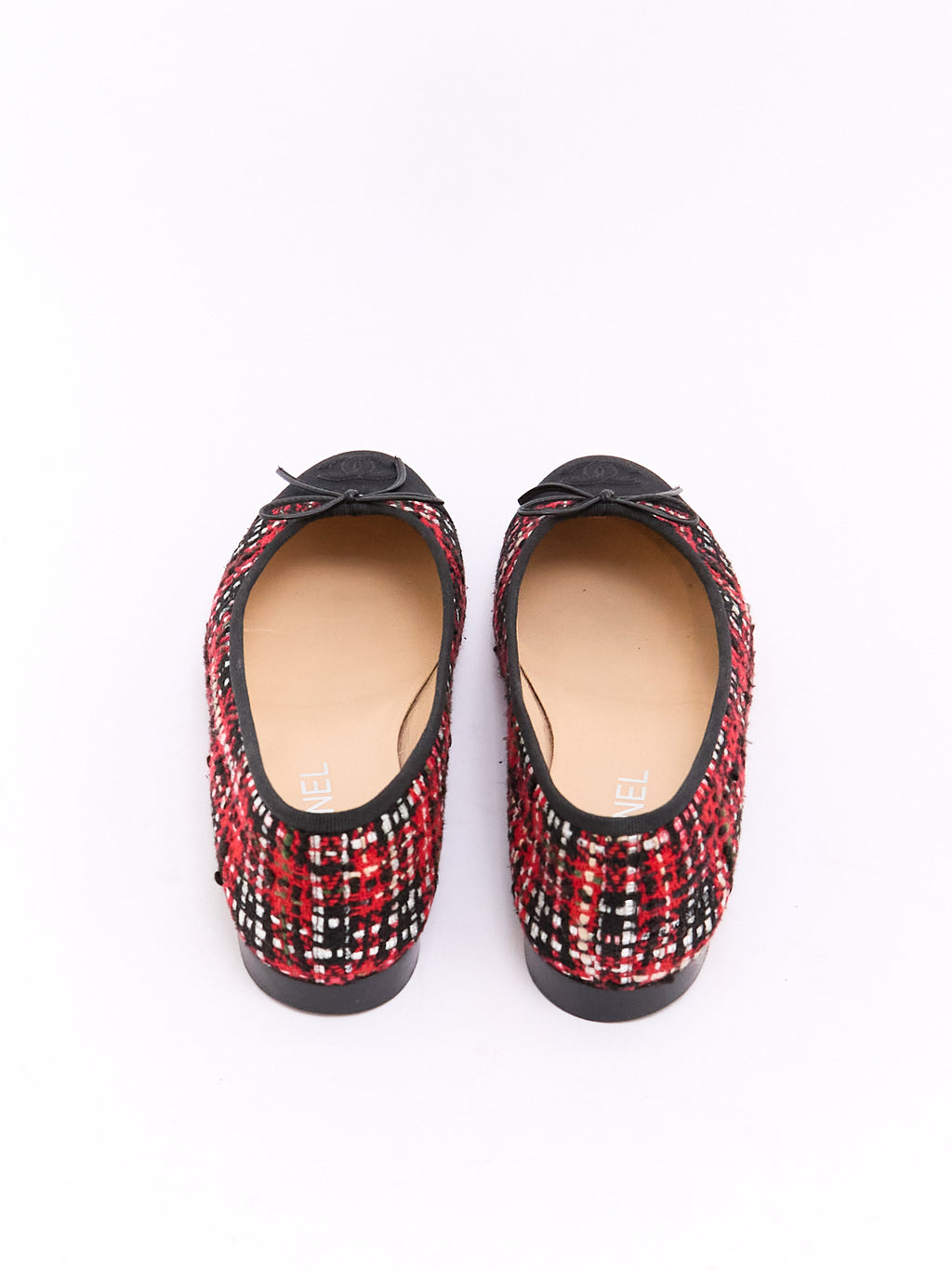 Chanel Red Black Tweed CC Cap Toe Ballet Flat 38