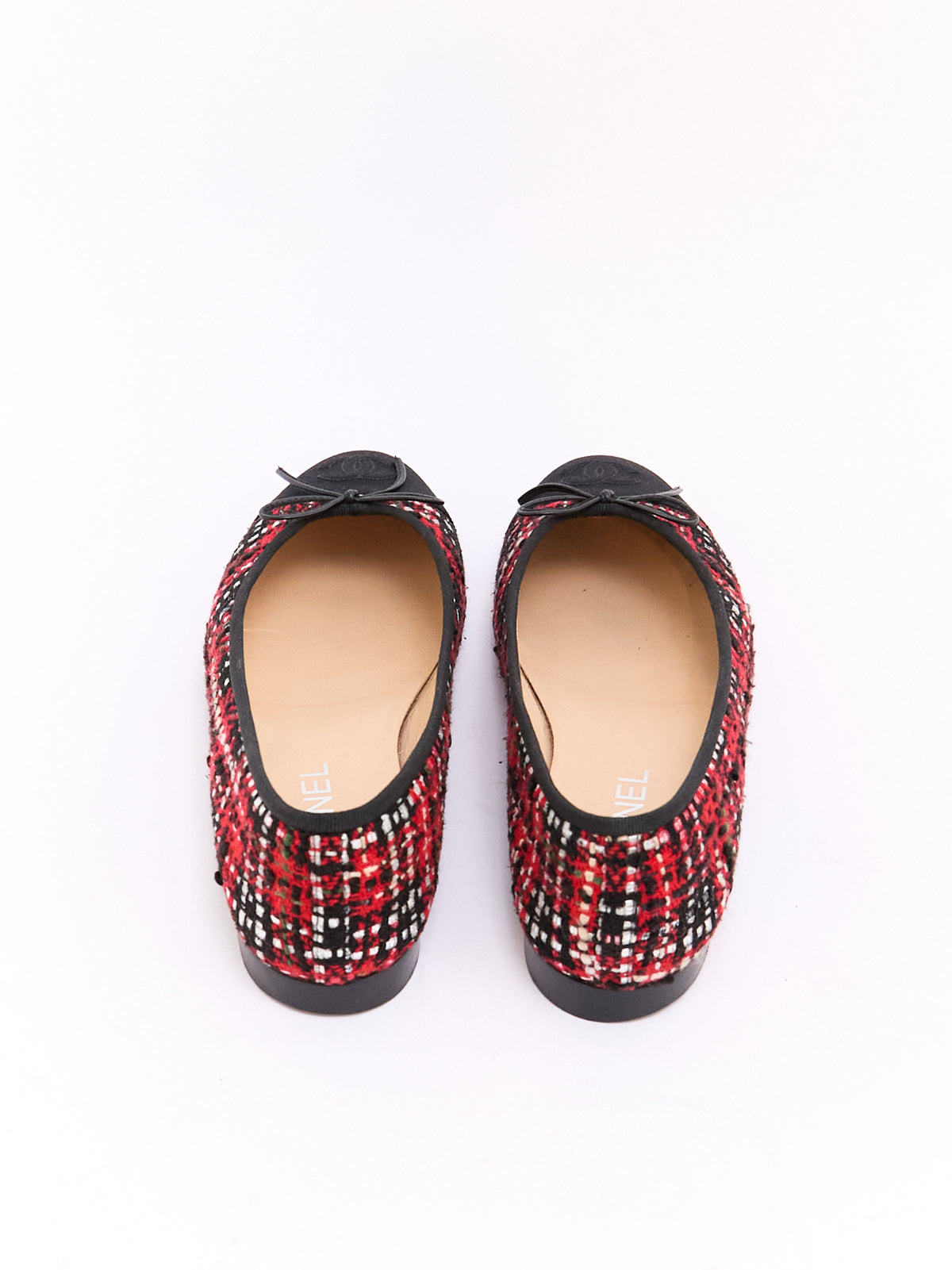 Chanel Red Black Tweed CC Cap Toe Ballet Flat 38