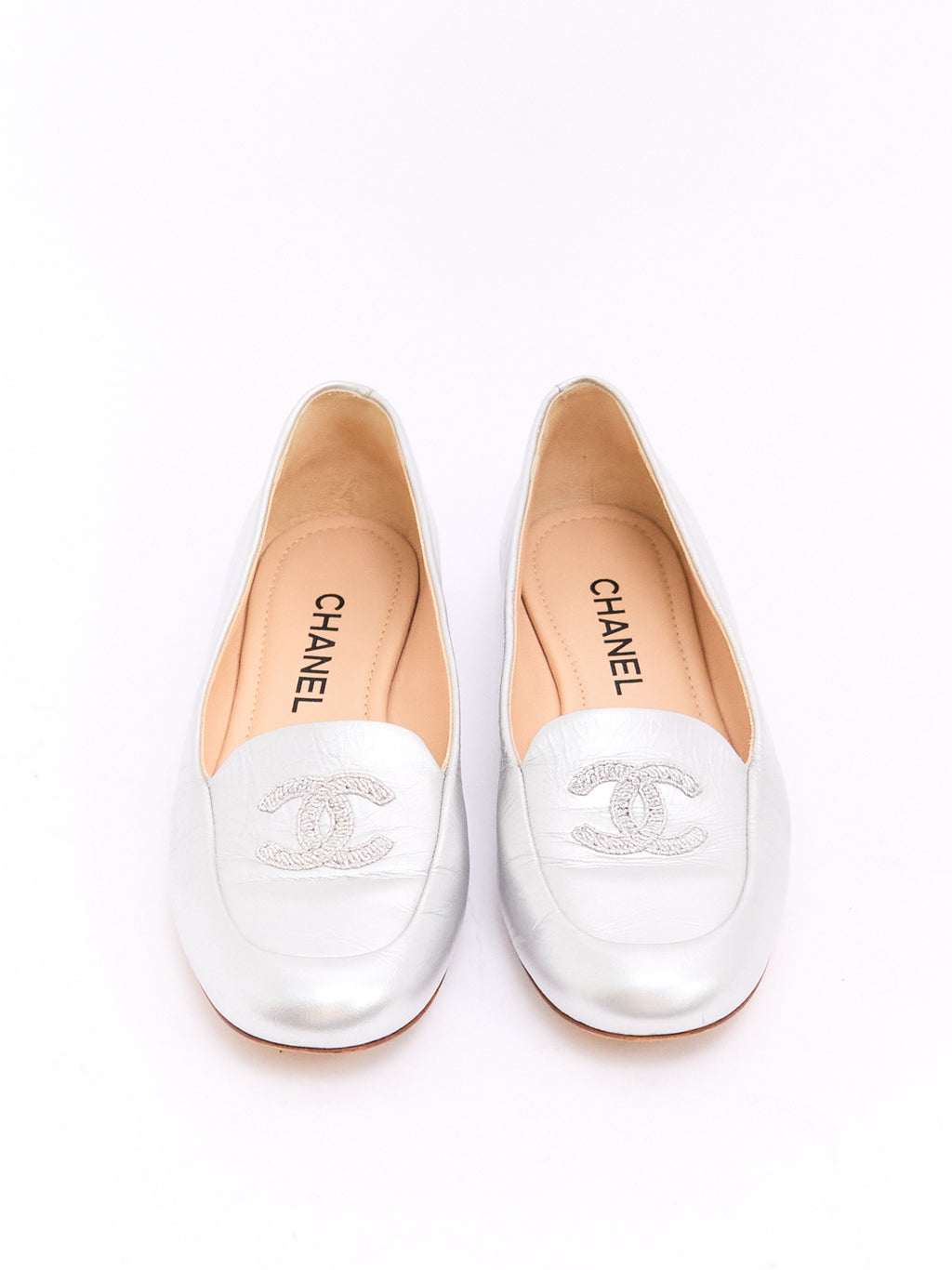 Chanel Silver CC Loafers 39