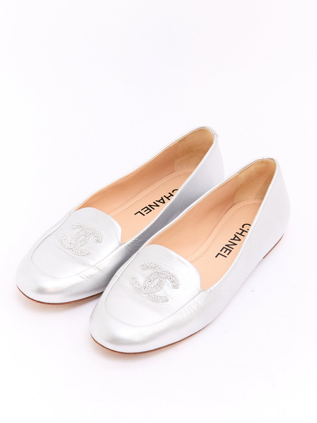 Chanel Silver CC Loafers 39