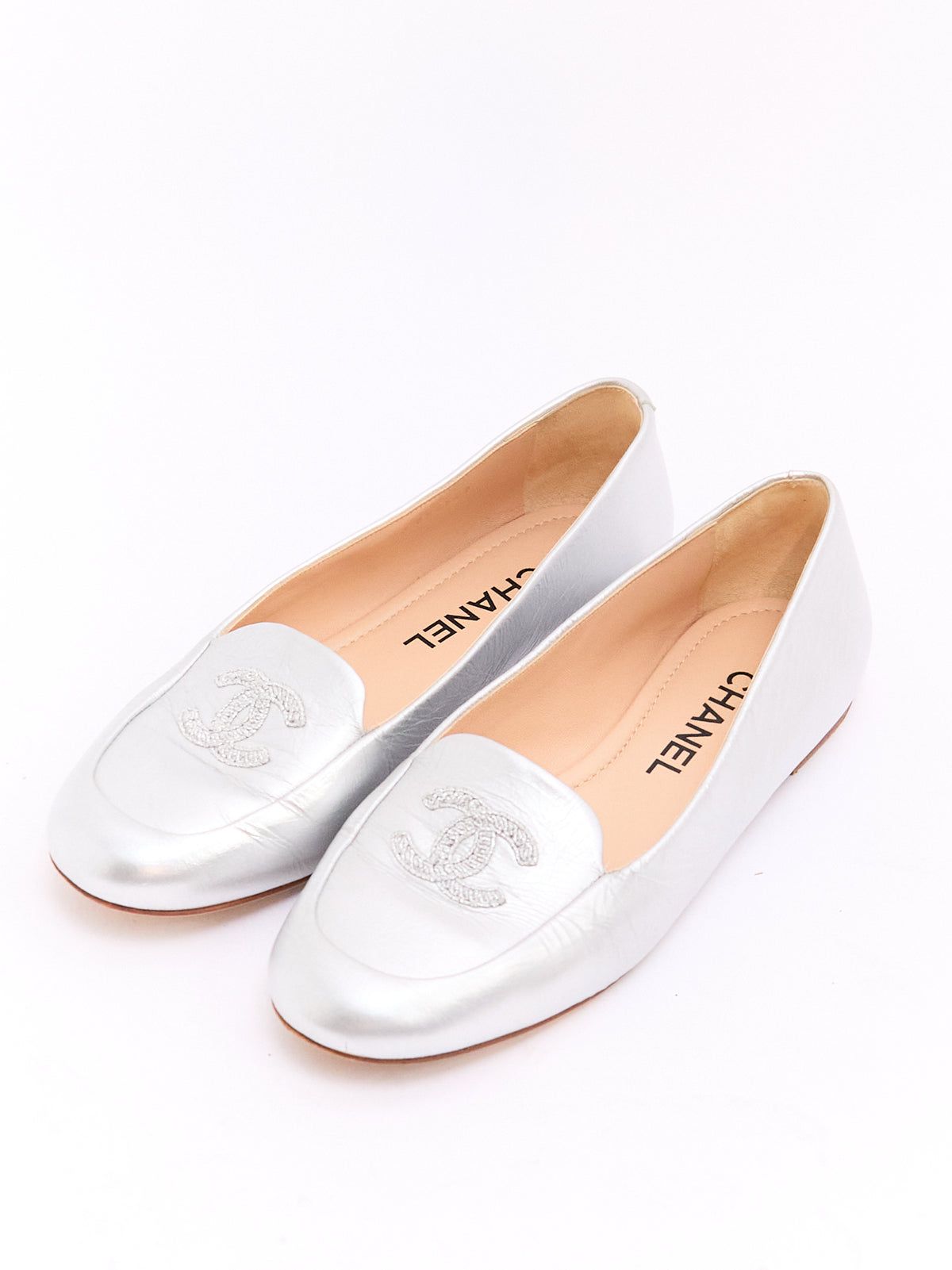 Chanel Silver CC Loafers 39