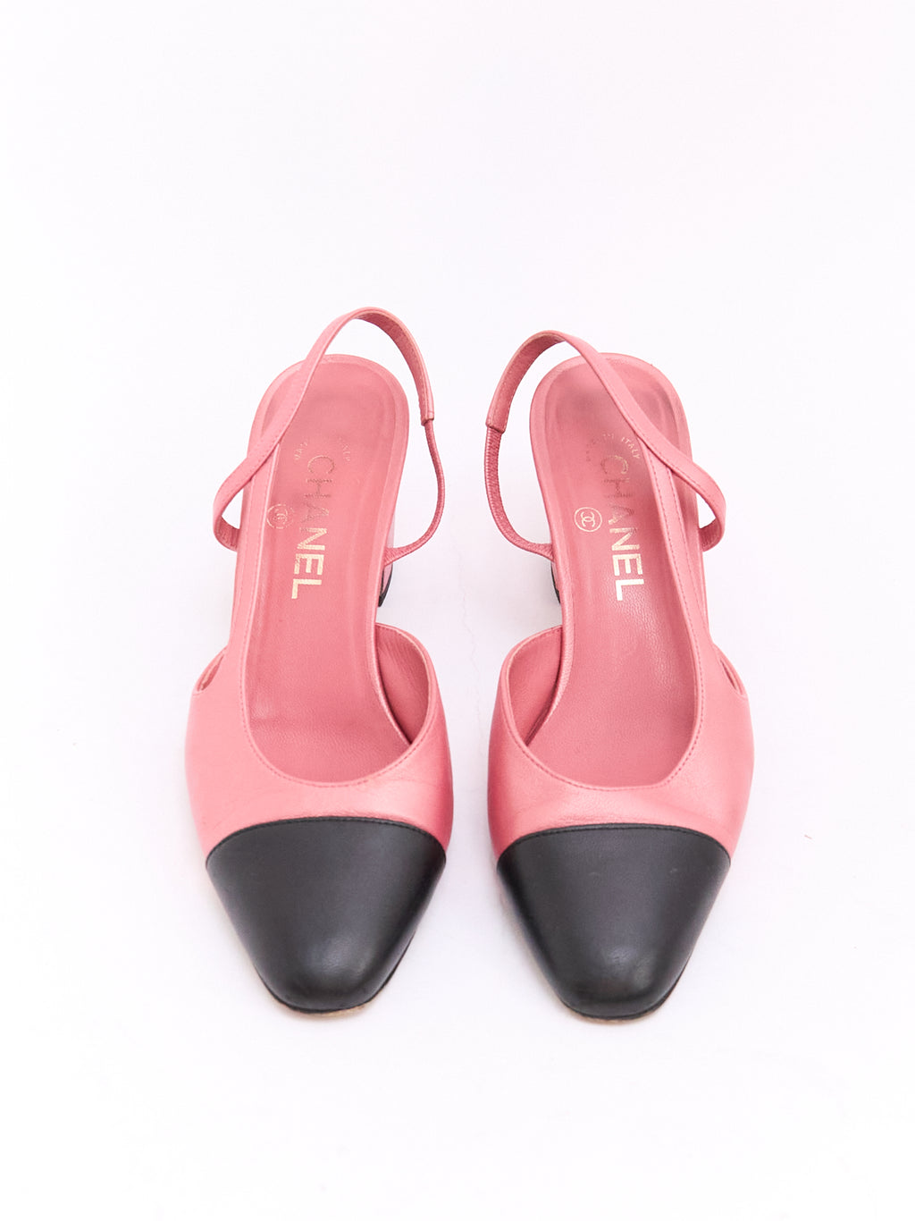 Chanel Pink Black Cap Toe Slingbacks 39