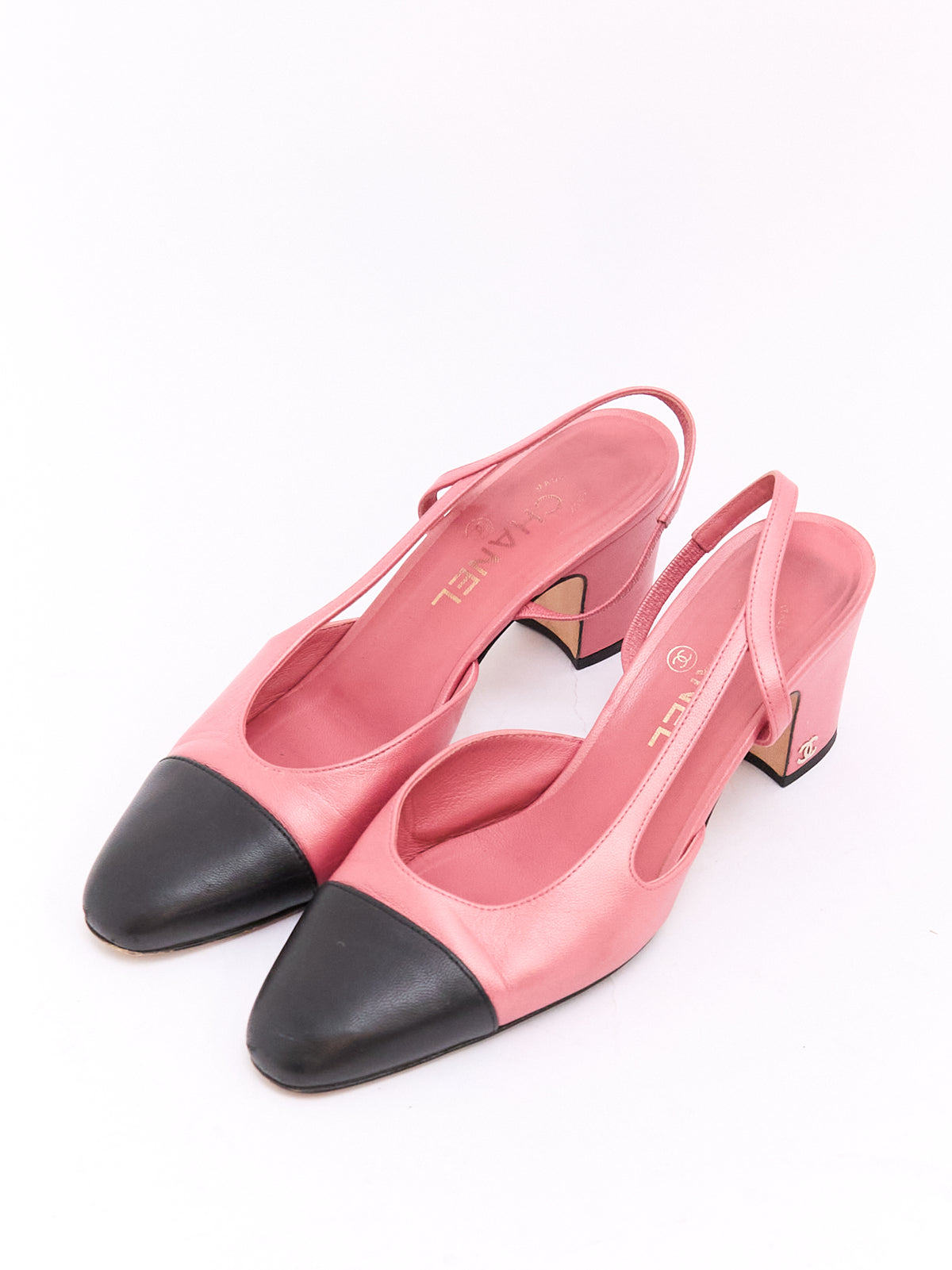 Chanel Pink Black Cap Toe Slingbacks 39