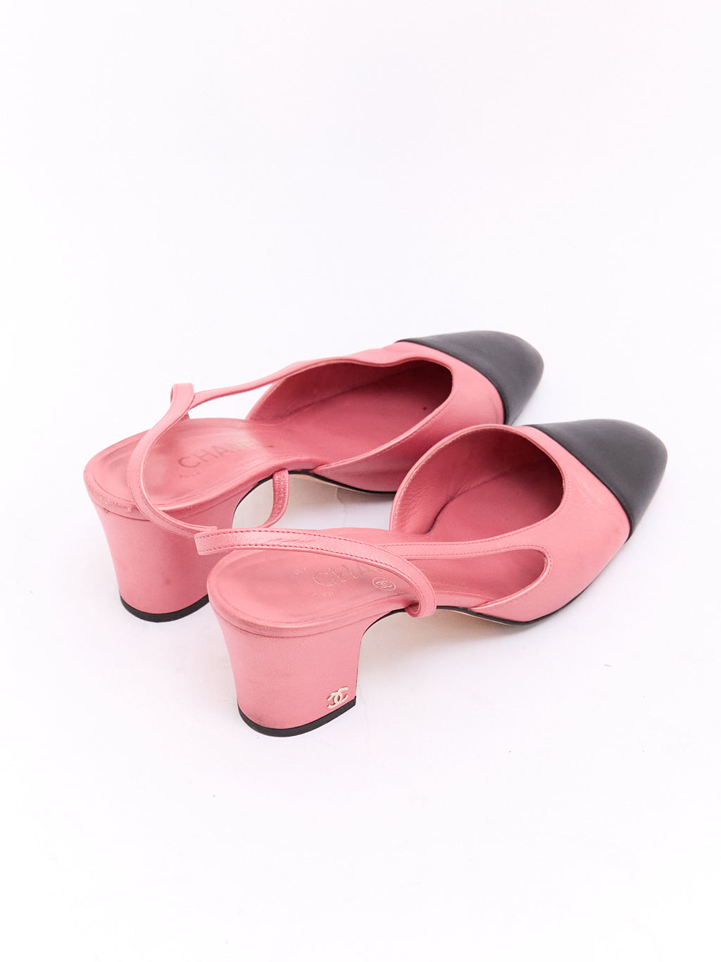 Chanel Pink Black Cap Toe Slingbacks 39