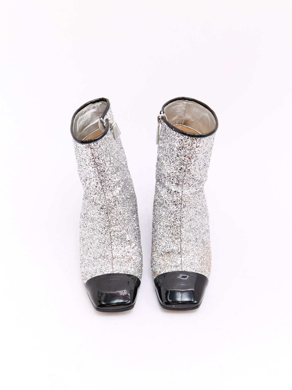 Chanel Silver Glitter Black Cap Toe CC Boots