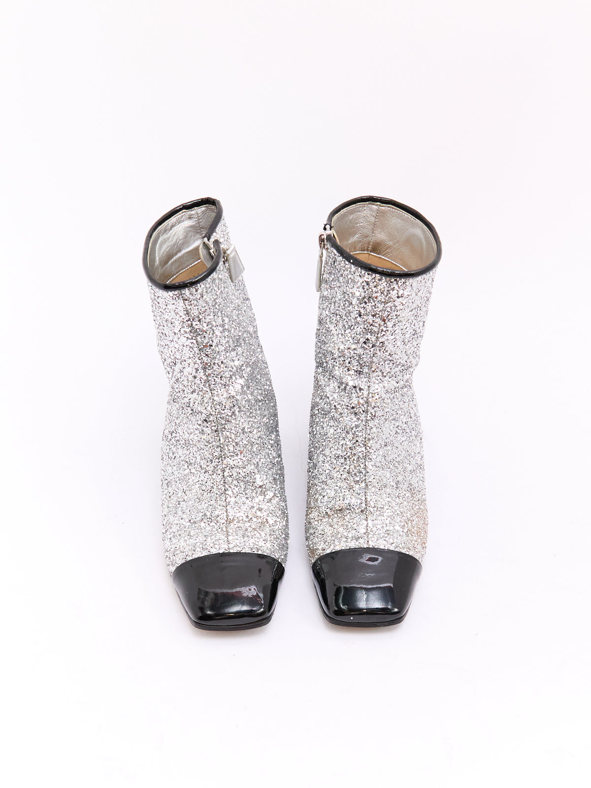 Chanel Silver Glitter Black Cap Toe CC Boots