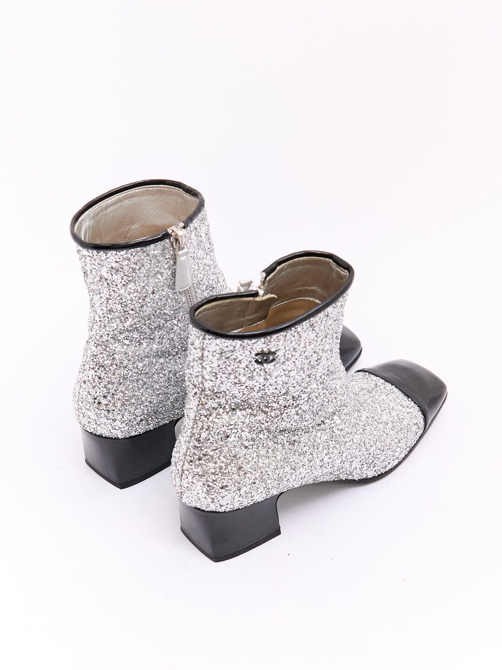 Chanel Silver Glitter Black Cap Toe CC Boots