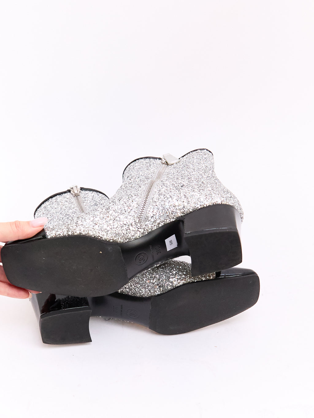 Chanel Silver Glitter Black Cap Toe CC Boots