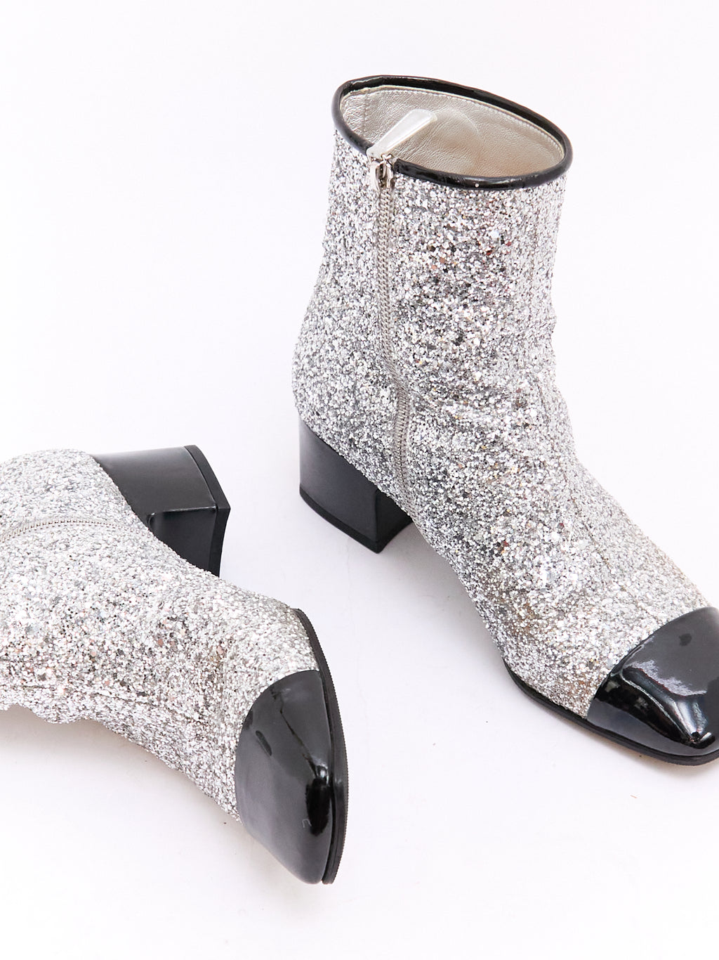 Chanel Silver Glitter Black Cap Toe CC Boots