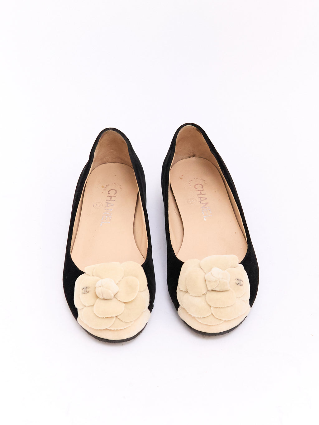 Chanel Black Tan Velvet Camilia Ballet Flats 38