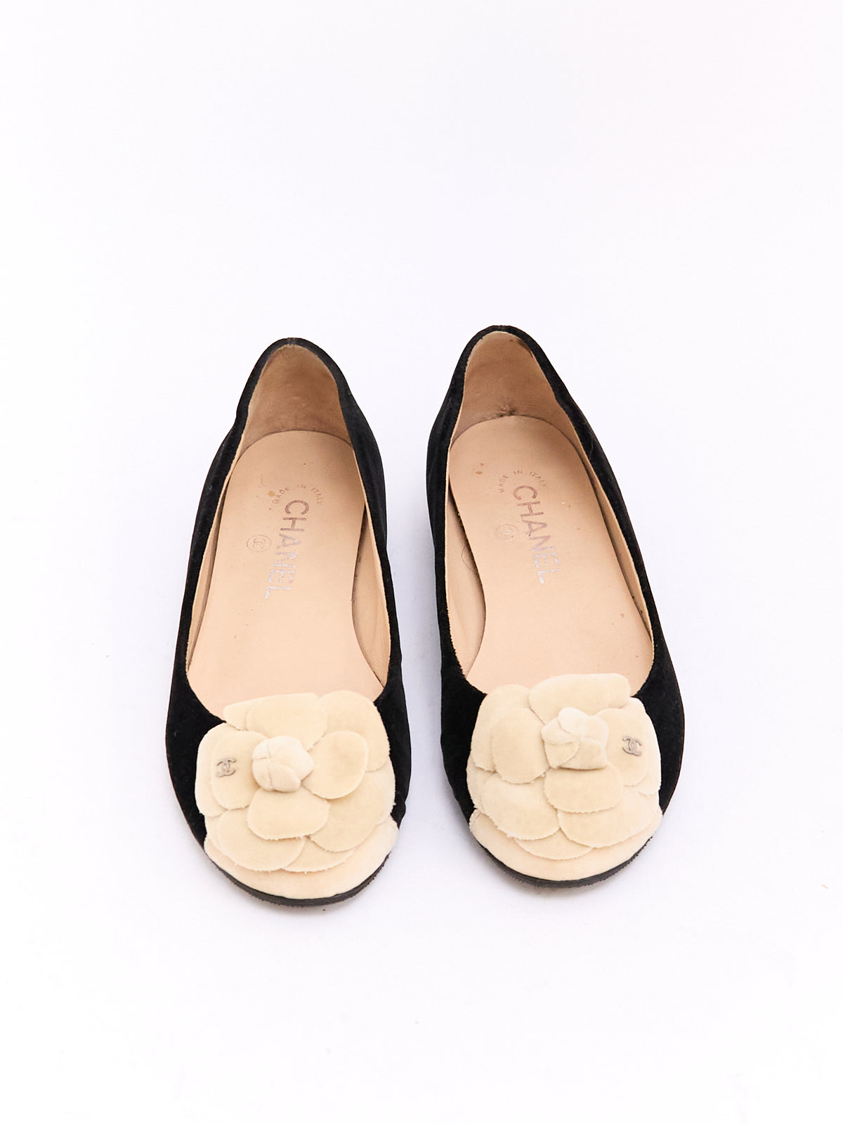 Chanel Black Tan Velvet Camilia Ballet Flats 38